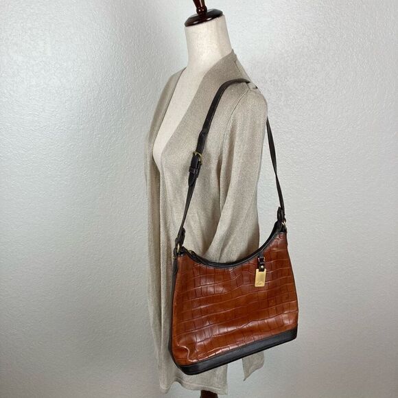 Vintage Dooney & Bourke Croc Embossed Leather Lg. Hobo Zip Closure Shoulder Bag - Picture 1 of 16